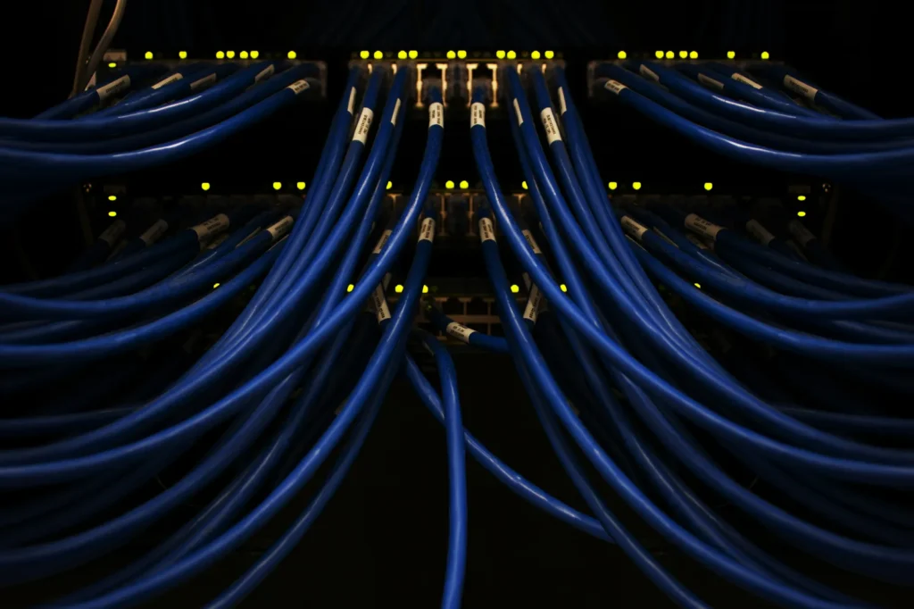 Blue cables connected to network equipment