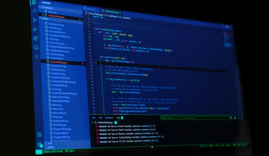 Blue-lit software development screen
