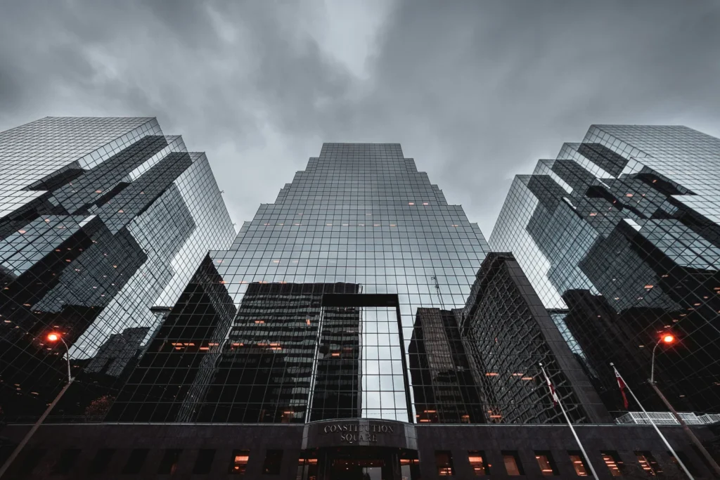 Dark city towers in monochrome
