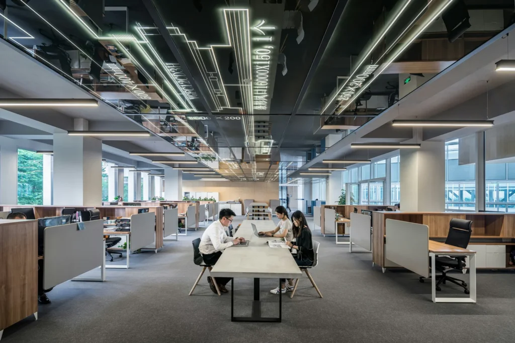 Open-plan office with exposed ceiling services