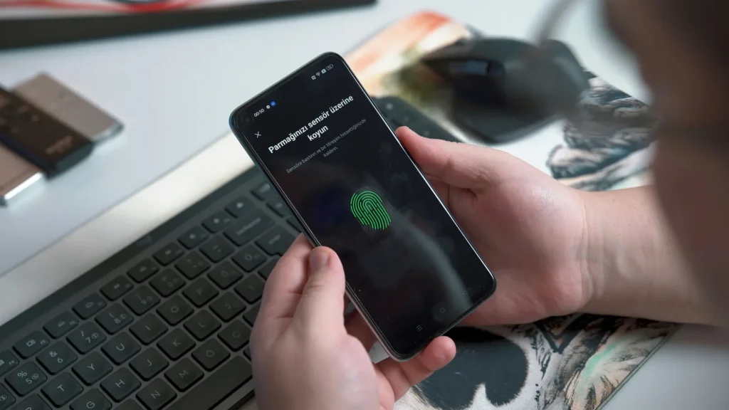 Person using fingerprint authentication on a phone